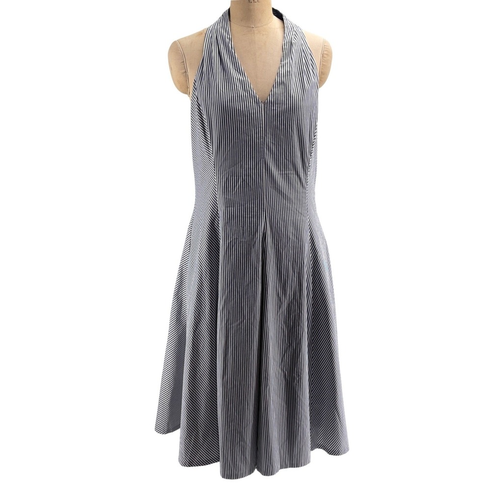 Talbots Womens Navy White Striped Halter Midi Dress Size 10 Fit & Flare Cotton